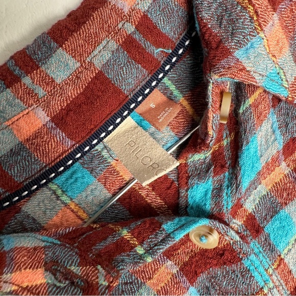 Pilcro LongLine Plaid Button Down Anthropologie Terracotta Turquoise festival  S - Picture 9 of 12